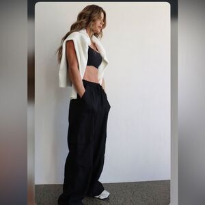 New CLEO HARPER Chic Black Wide-Leg Linen Cargo Pants Drawstring Adjustable NWT